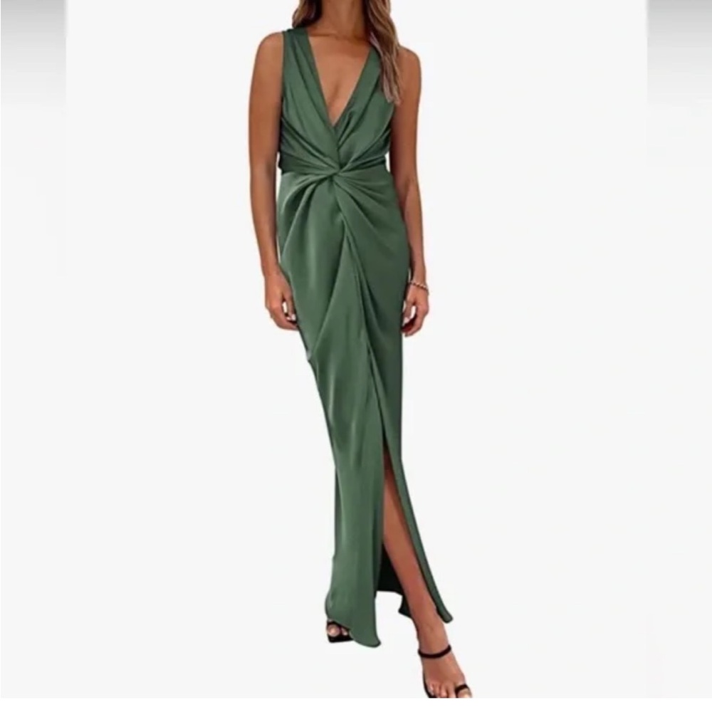NWT! Pretty Garden | Satin Ruched Twist Front V Neck Sleeveless Split Maxi Dress
